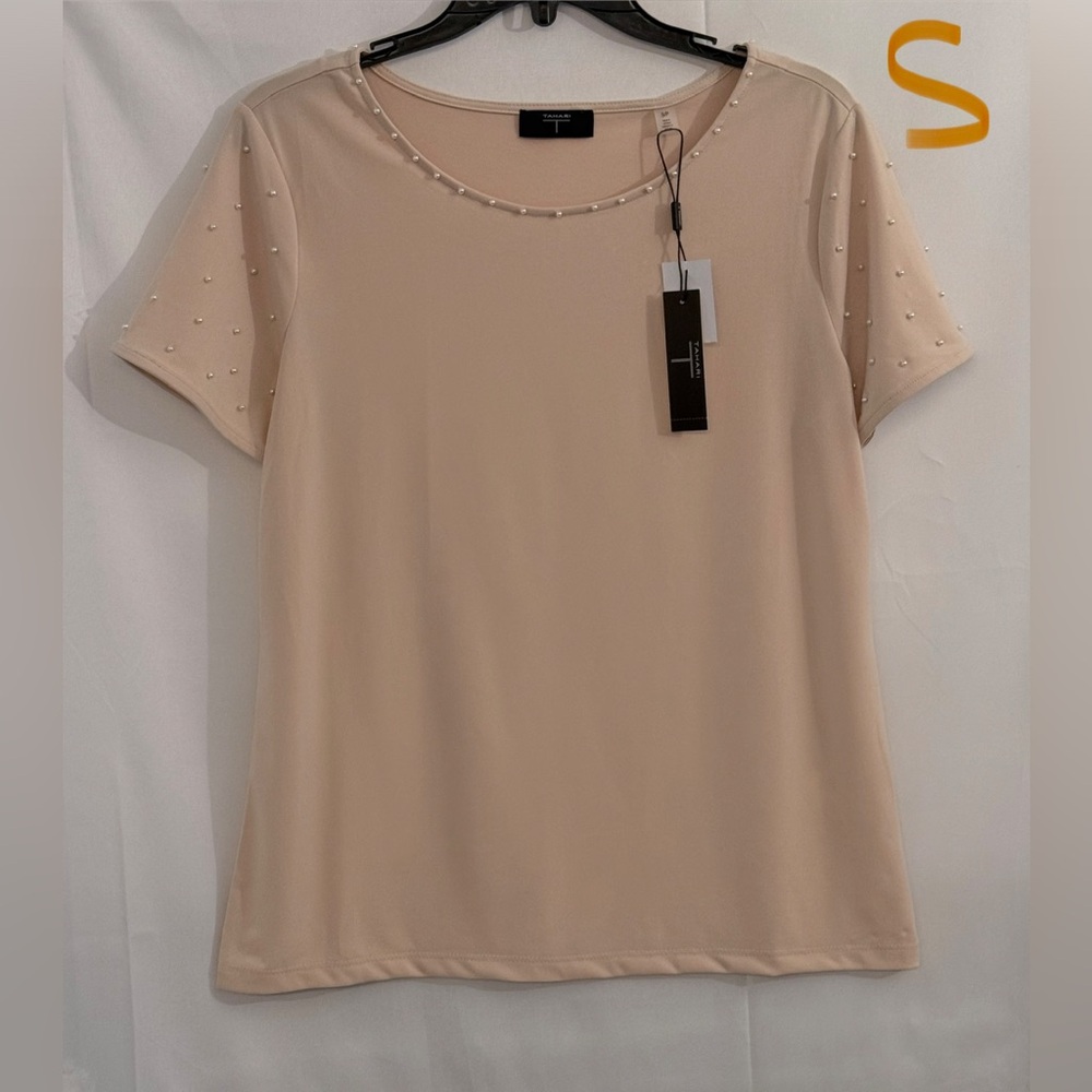Tahari Pearl-Embellished Cream Short Sleeve Top